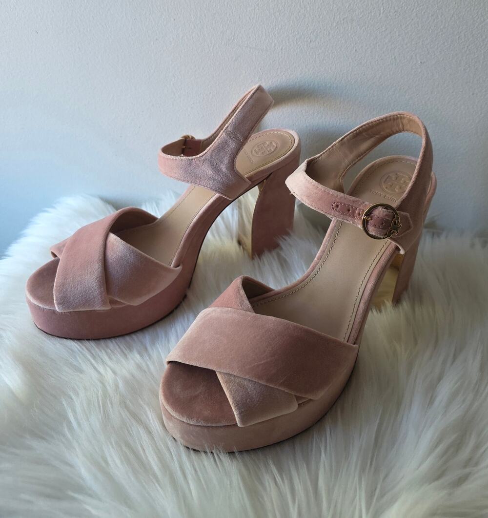 Tory Burch Loretta Velvet Plateau Sandals Blush Pink Size 10.5